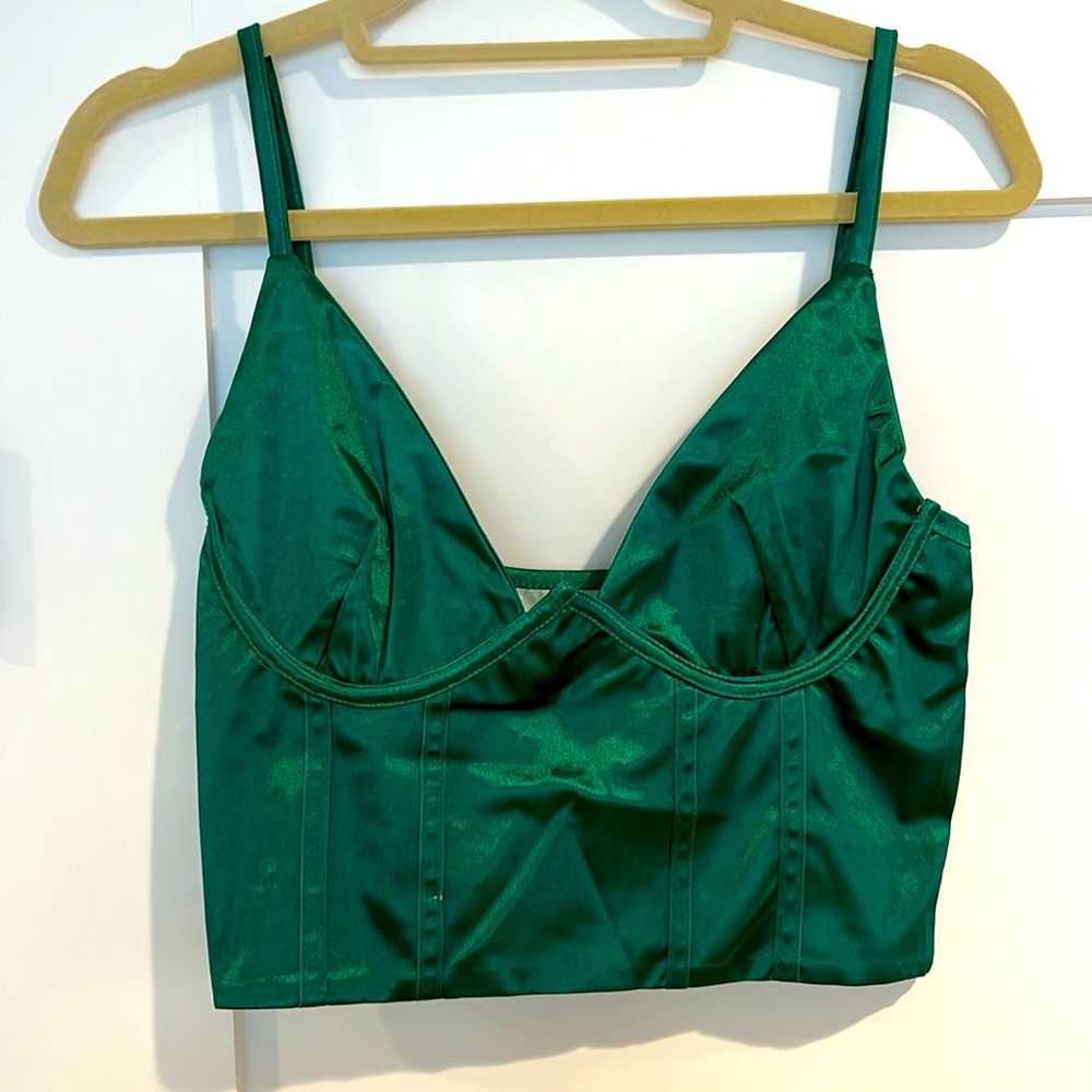 Size M, Emerald Satin V Neck Bustier Top